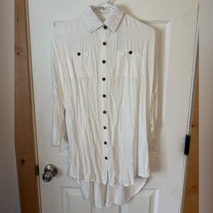 White Button-Up Shirt Tunic Blouse Rayon 3/4 sleeves Hi-Lo Mini Dress